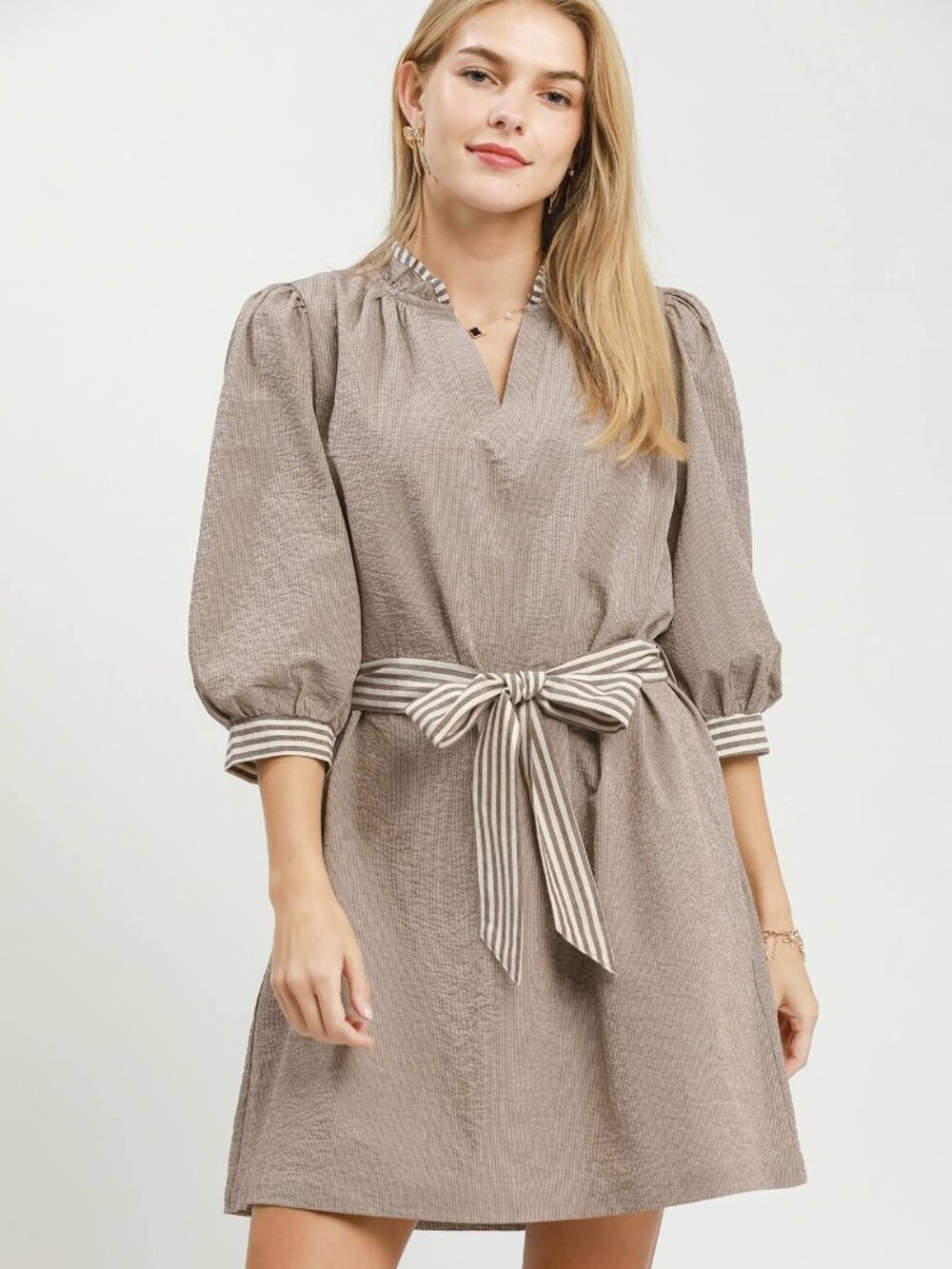 Textured Contrast Trim Tie Waist Mini Dress by Umgee USA